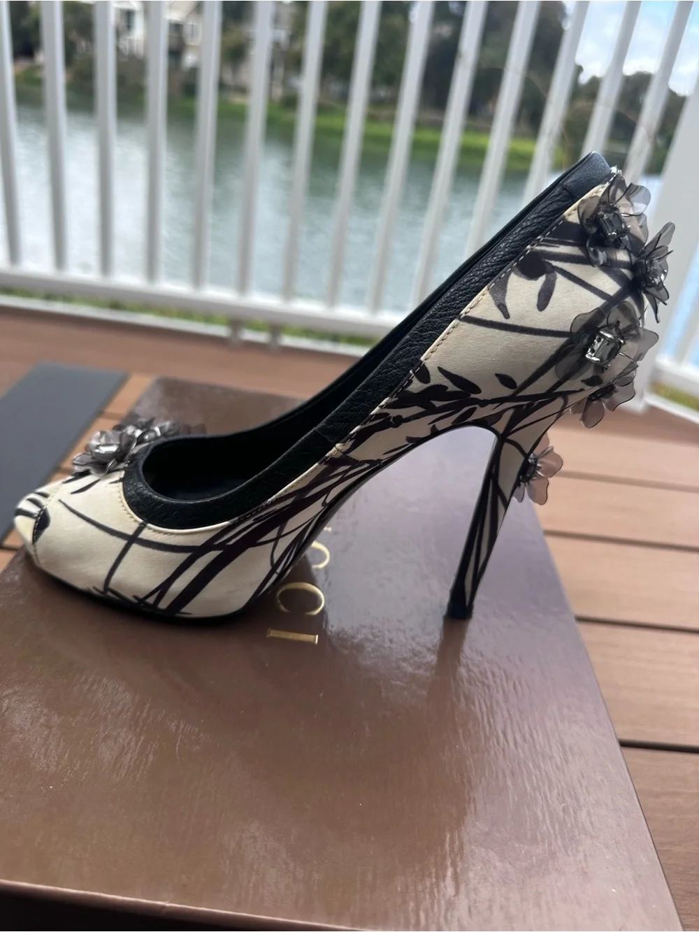 Tory Burch Black and White Floral Embellished Peep-Toe Heels